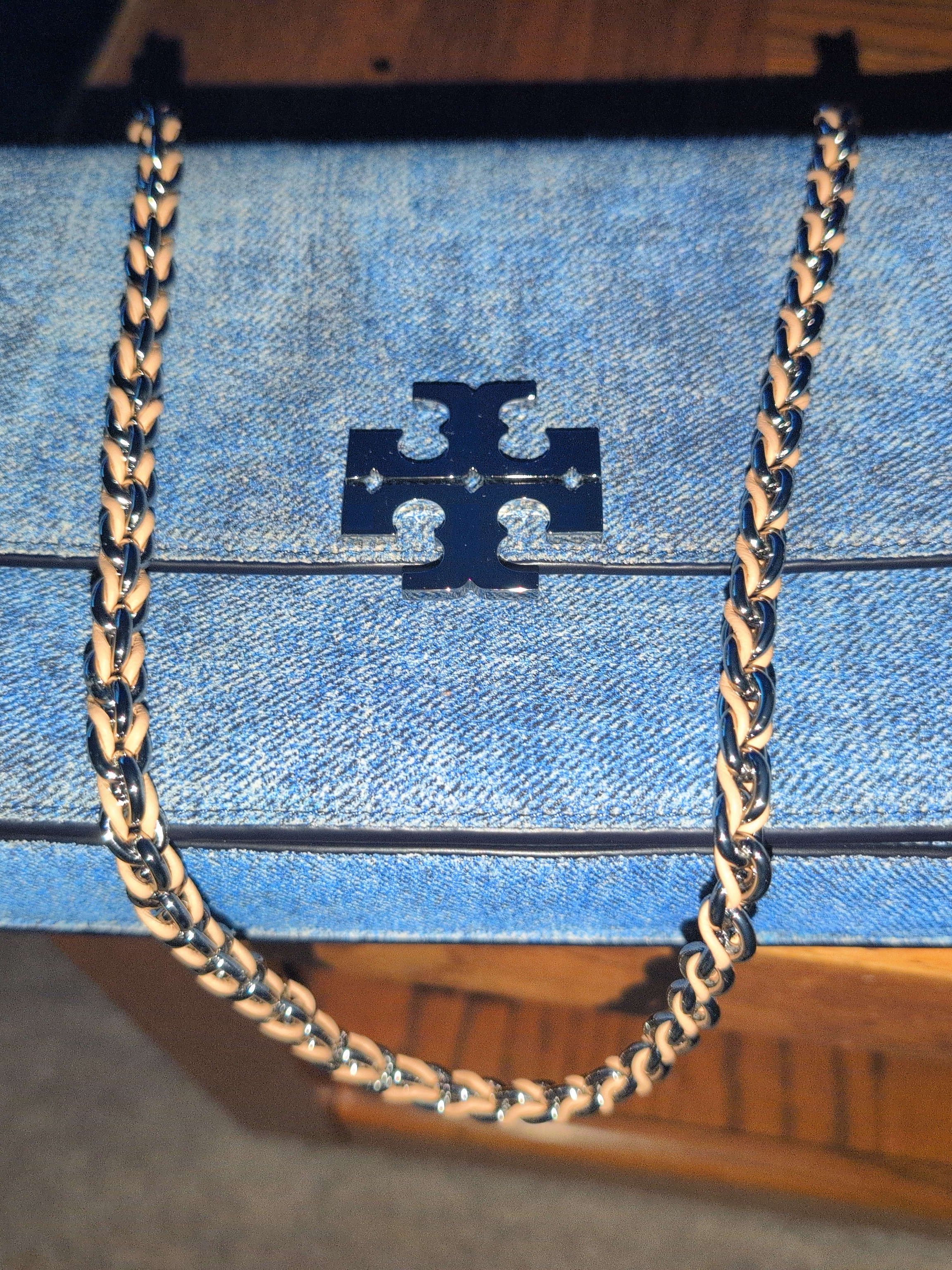 Tory Burch Blue Denim Shoulder Bag With Beige-Trim Chain